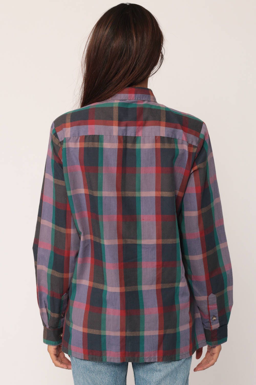 70s Lee Plaid Button-Up Shirt Purple Grey Red Green Medium