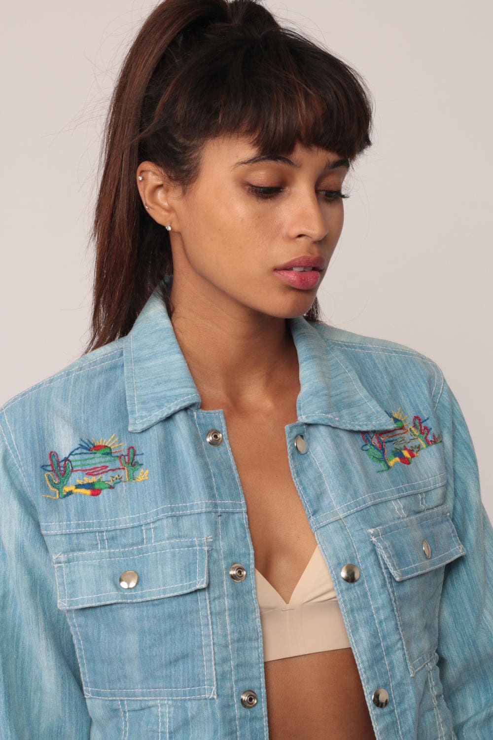 70s Embroidered Cactus Denim Jacket Blue Jean Jacket Extra Small