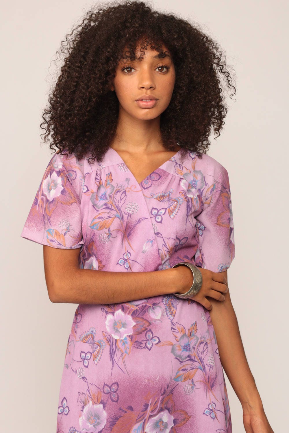 70s Purple Floral Butterfly Midi Dress High Waist Wrap Belted Medium