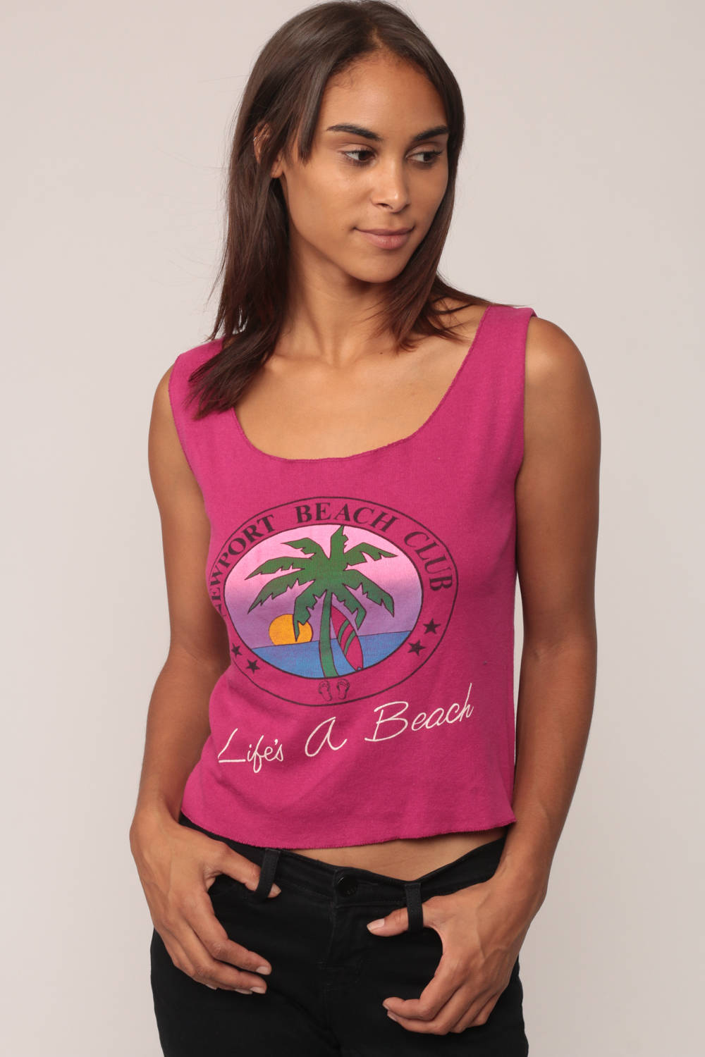 80s Newport Beach Club Tank Top Purple Palm Tree Graphic Small Medium
