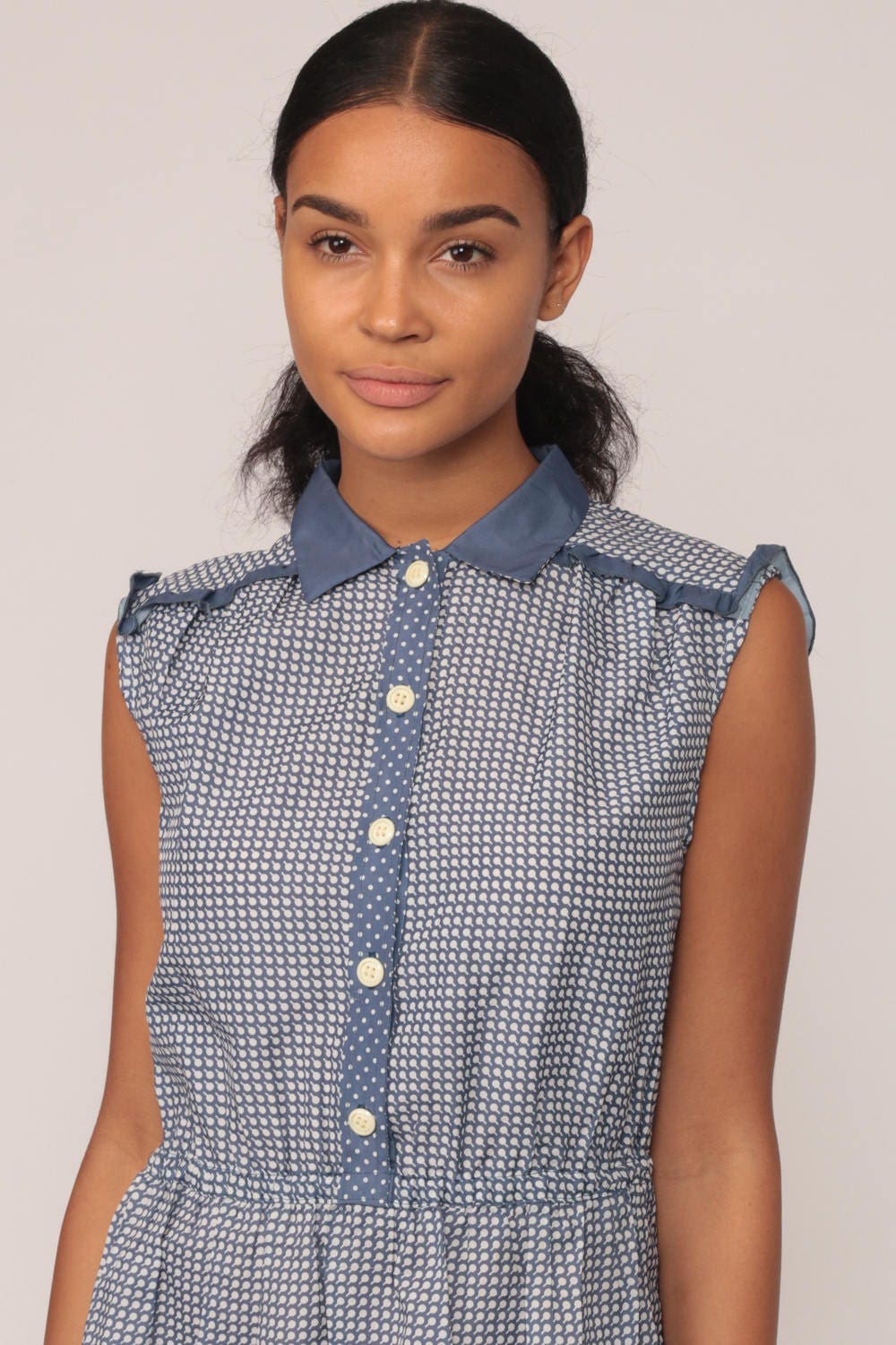 70s Blue Geometric Dot Print Midi Dress High Waist Button Up Collar Large