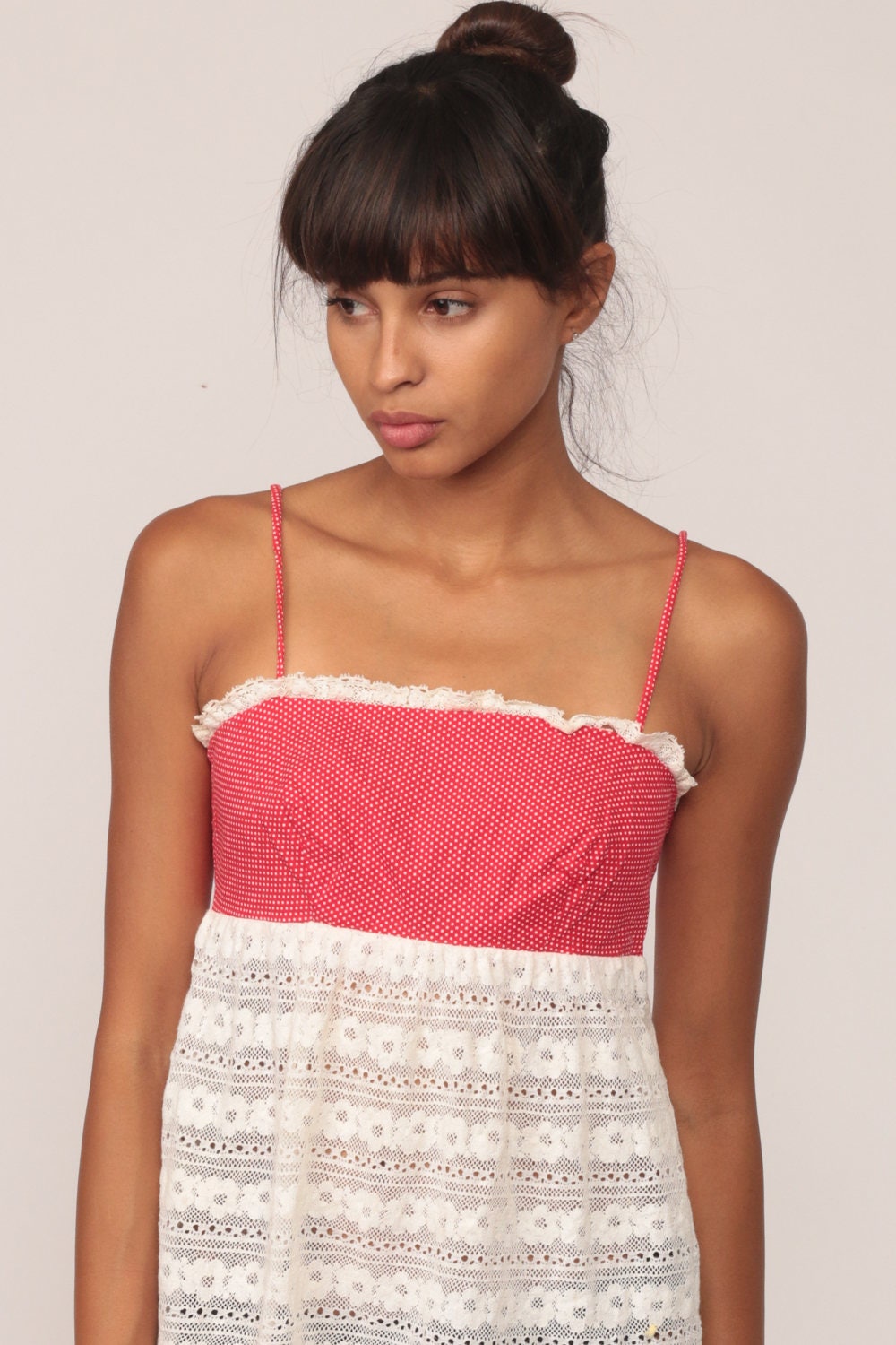 70s Red Polka Dot Lace Mini Dress White Sheer Skirt Spaghetti Strap Extra Small