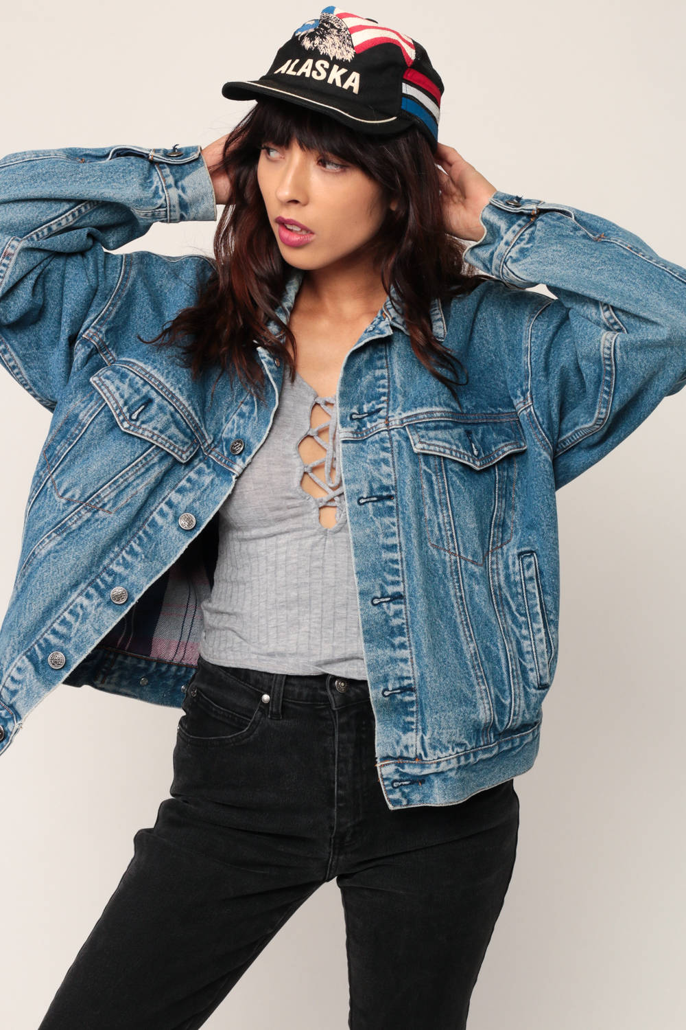 80s Blue Stone Wash Denim Jacket Plaid Lined Trucker Large