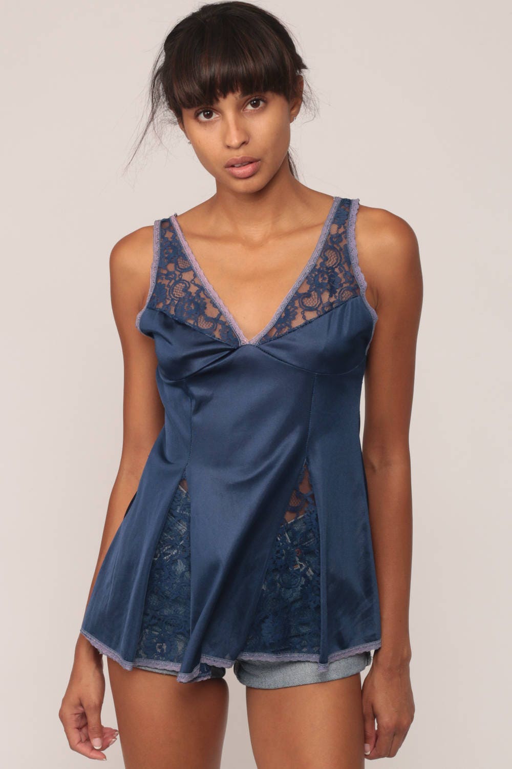 80s Blue Nylon Lace Camisole V-Neck Lingerie Top Small