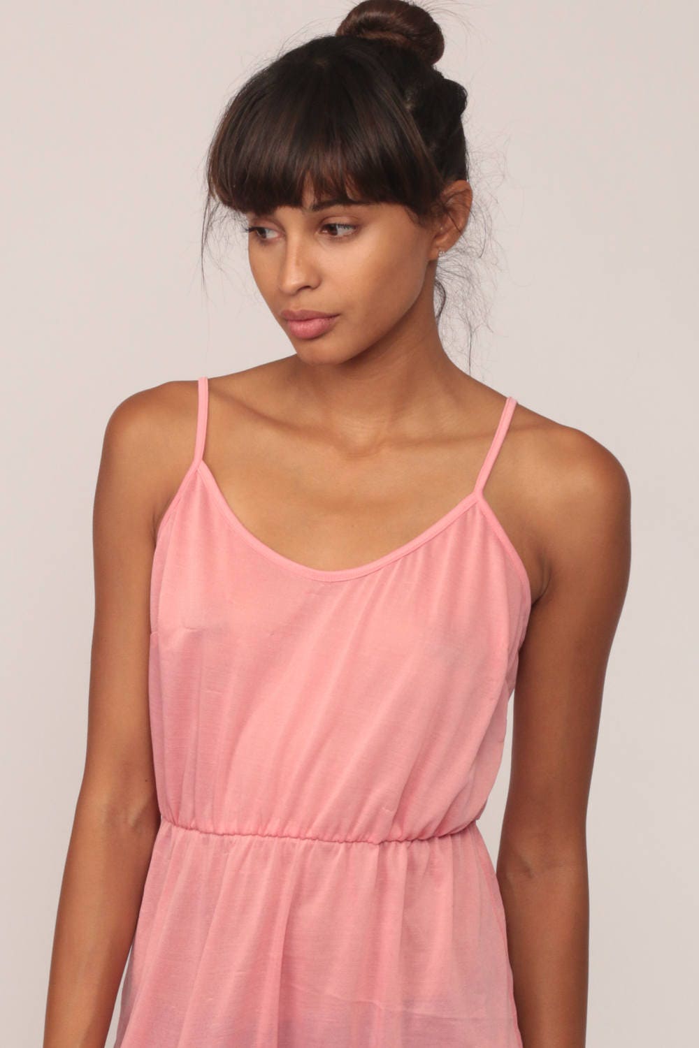 80s Pink Sheer Mini Dress Spaghetti Strap High Waist Sundress Medium