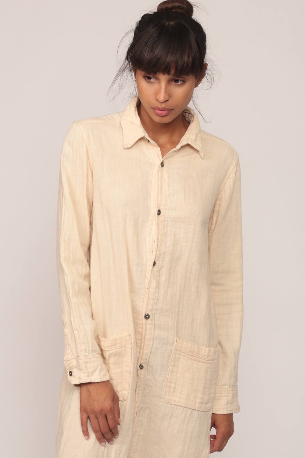 90s Cream Cotton Button-Up Mini Shirtdress Long Sleeve Extra Small XS