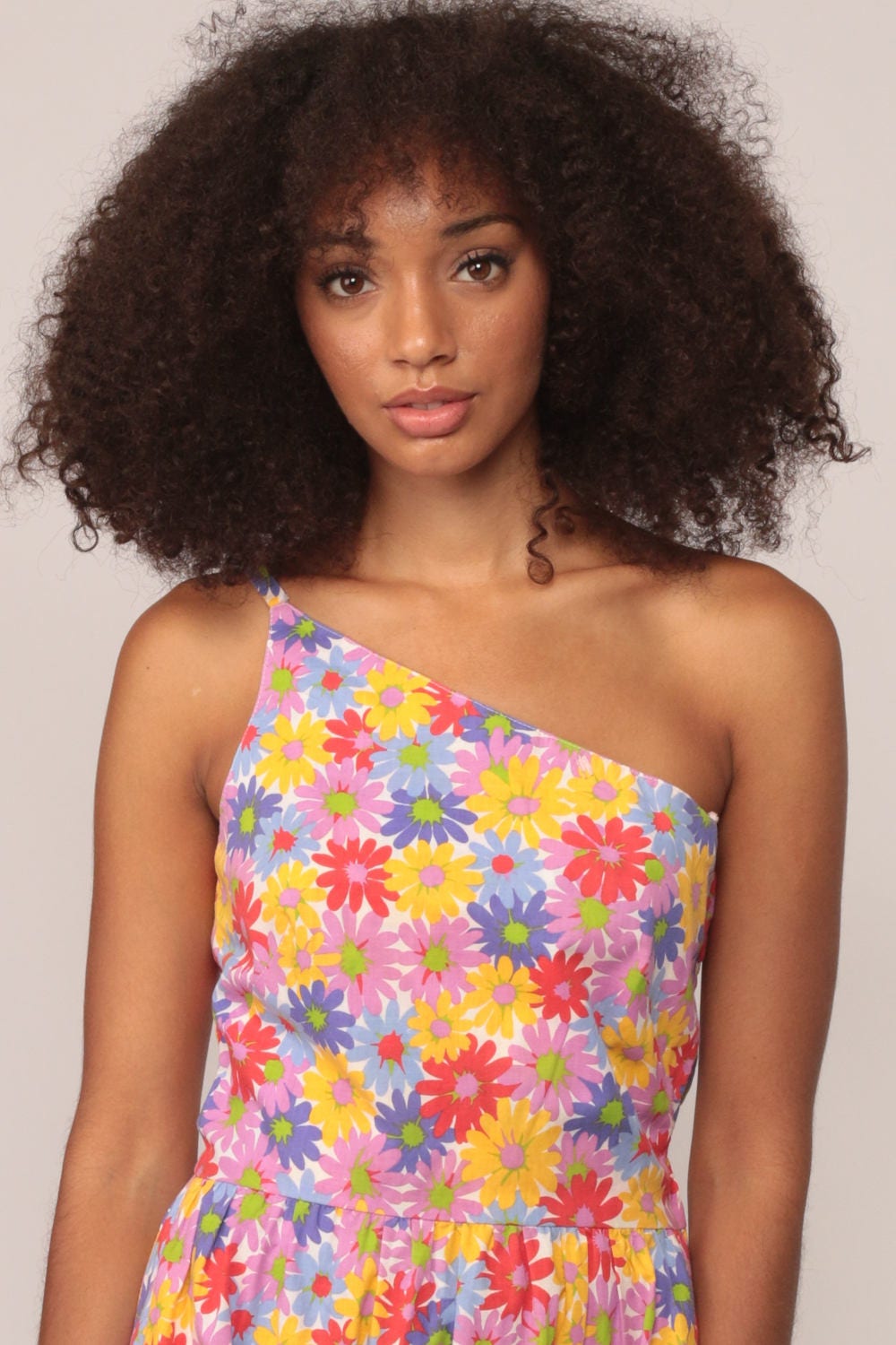 70s Lanz Floral One-Shoulder Midi Dress High Waist Pocket Cotton Extra Small