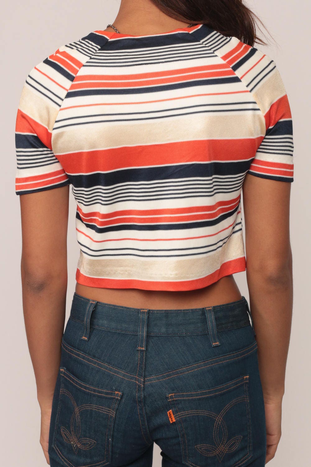 70s Striped Crop Top Asymmetrical Zip Neck Tee Orange Blue Small Medium