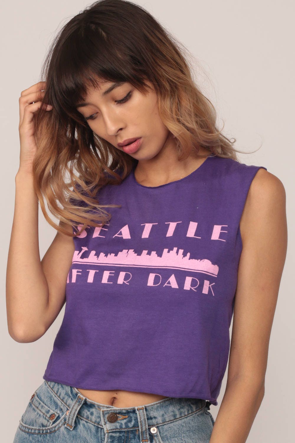 80s Seattle After Dark Tank Top Purple Graphic Crop Tee Small