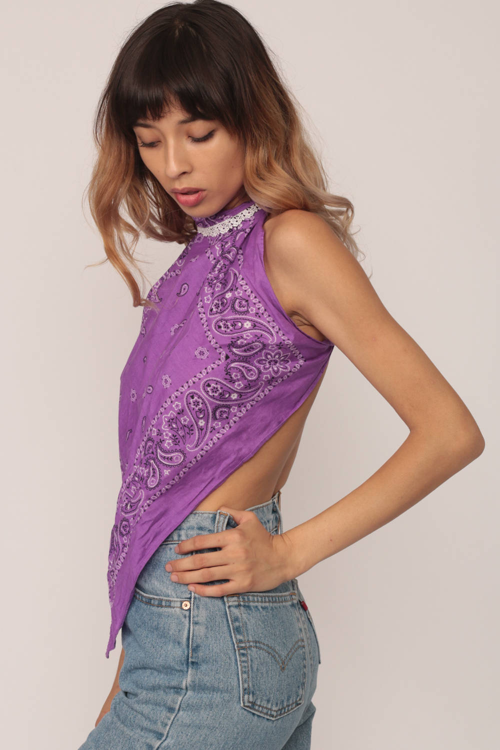 90s Bandana Print Tank Top Scarf Hem Backless Purple Medium Large