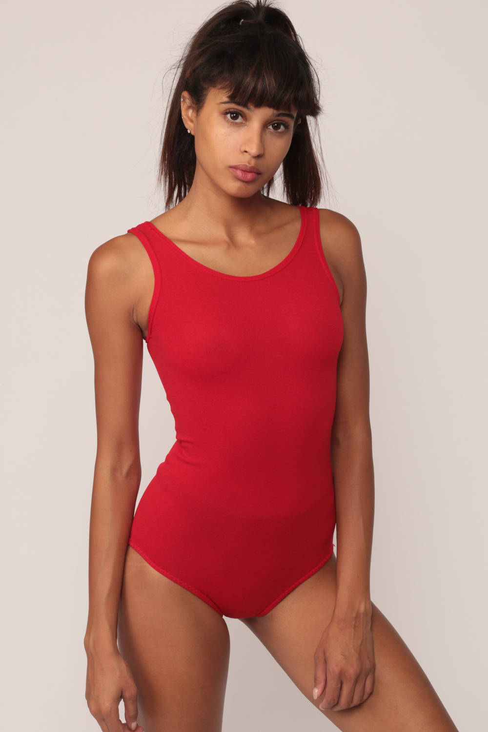 70s Sheer Red Bodysuit Tank Top Sleeveless Leotard Extra Small XS