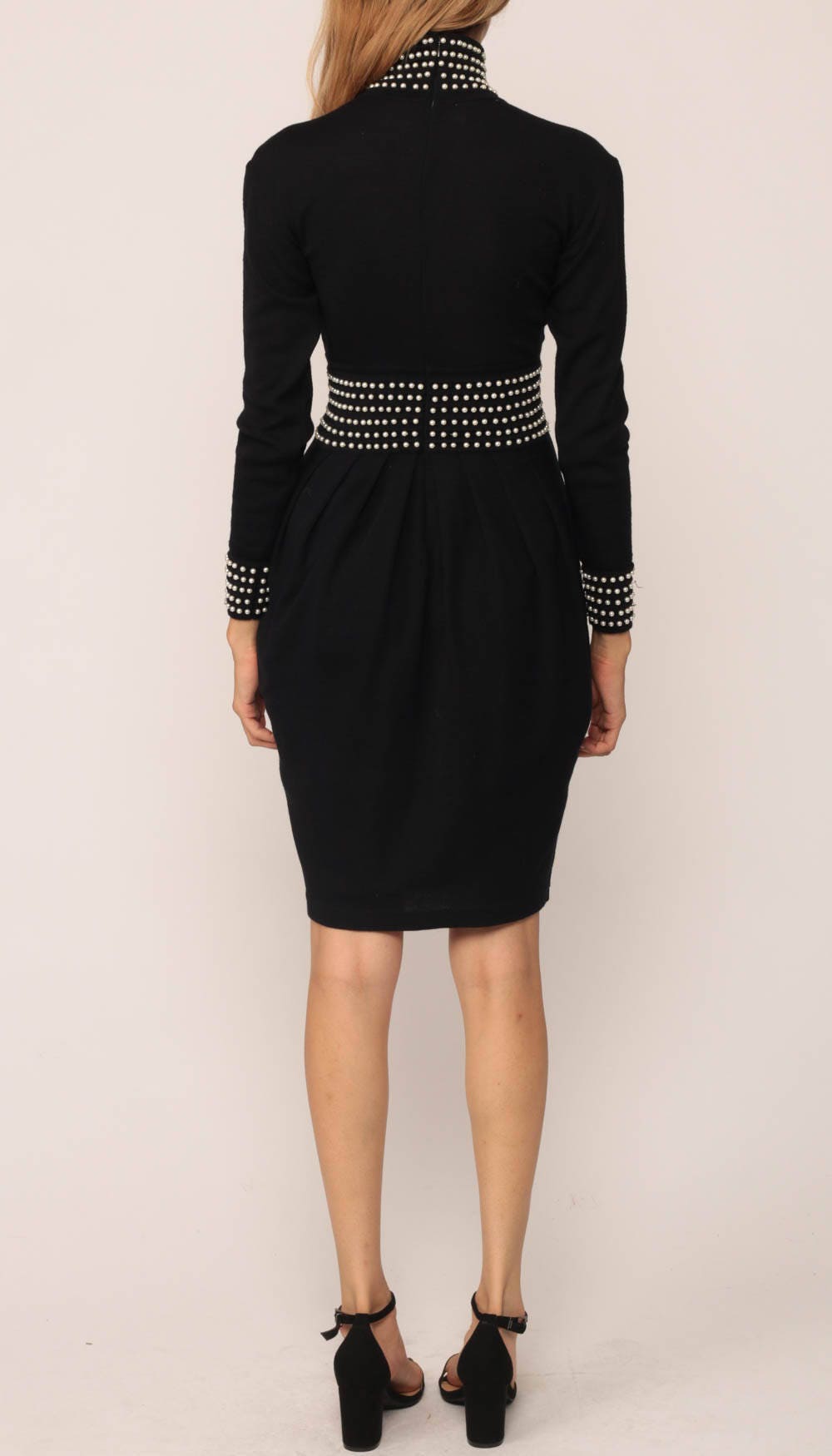 80s Black Wool Pearl Beaded Mini Dress High Waist Long Sleeve Extra Small XS