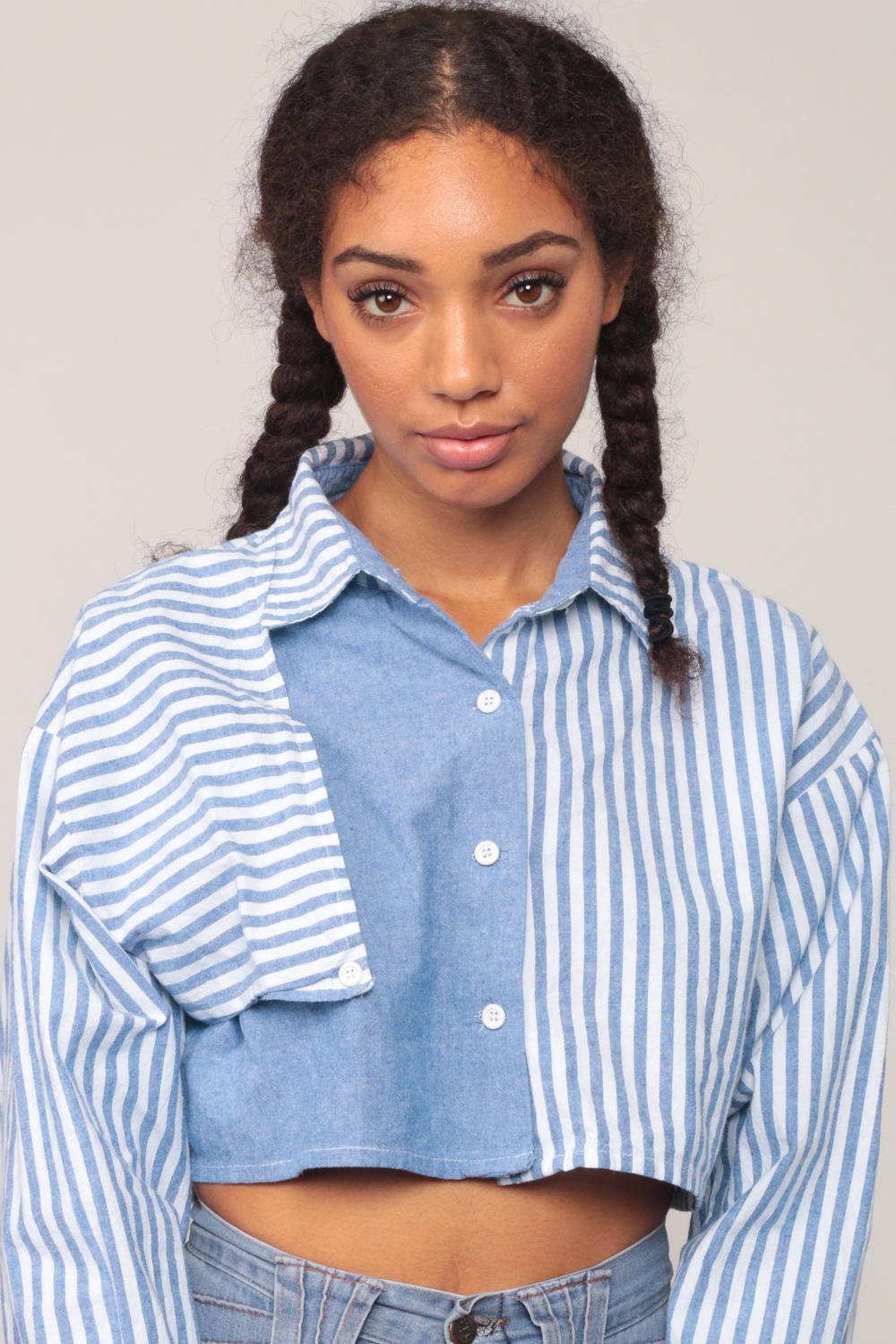 80s Chambray Striped Crop Top Button-Up Blouse Long Sleeve Blue White Small