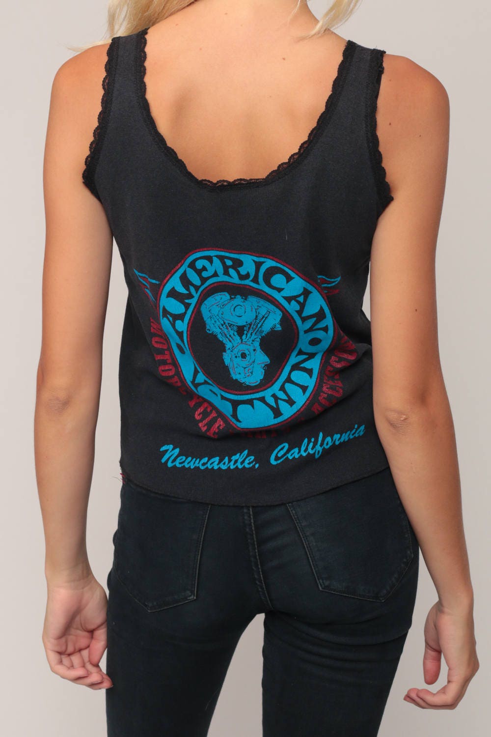 80s American V-Twin Biker Tank Top Eagle Motorcycle Graphic Black Cotton Medium