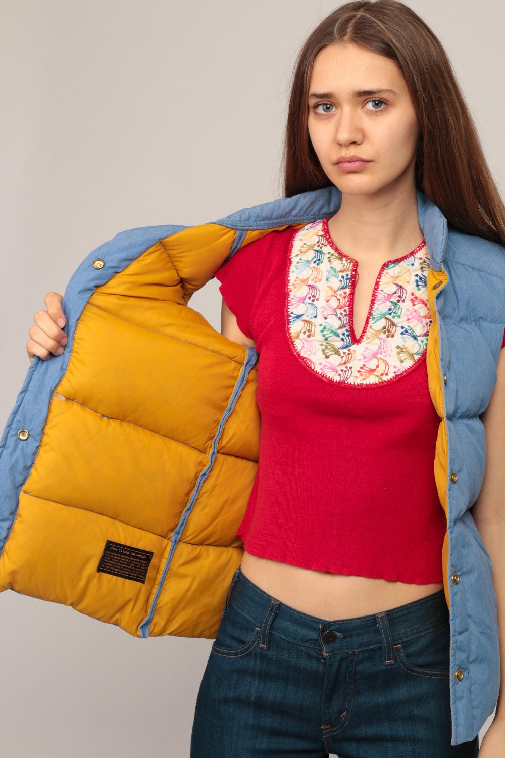 70s Goose Down Puffer Vest Blue Sleeveless Unisex Extra Small