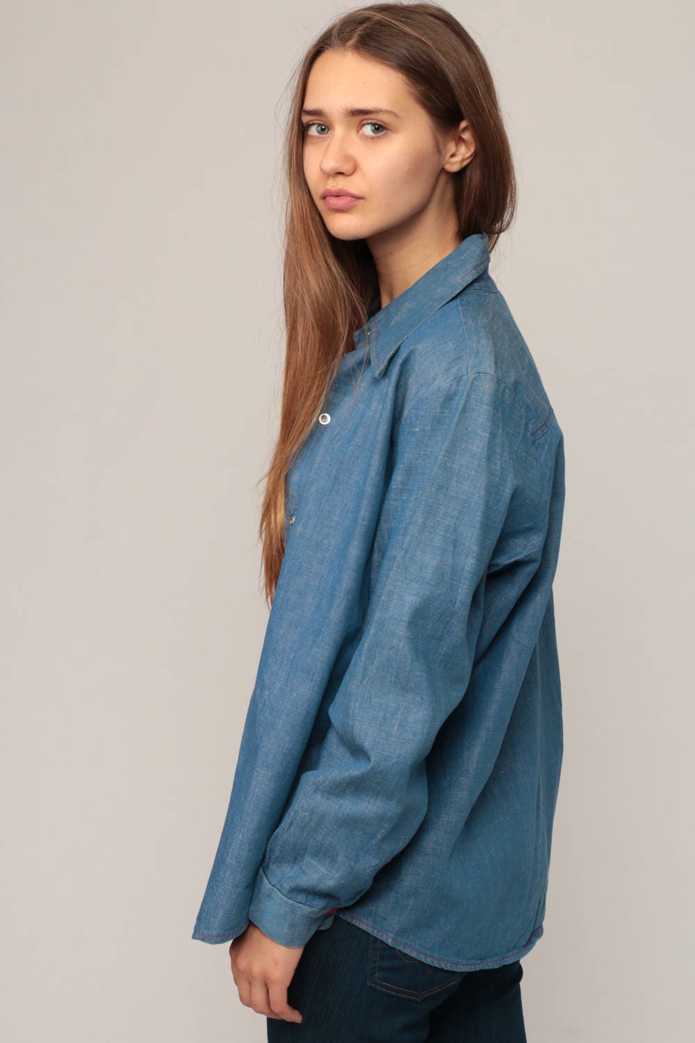 70s Blue Denim Shirt Red Snap Button Up Long Sleeve Unisex Large