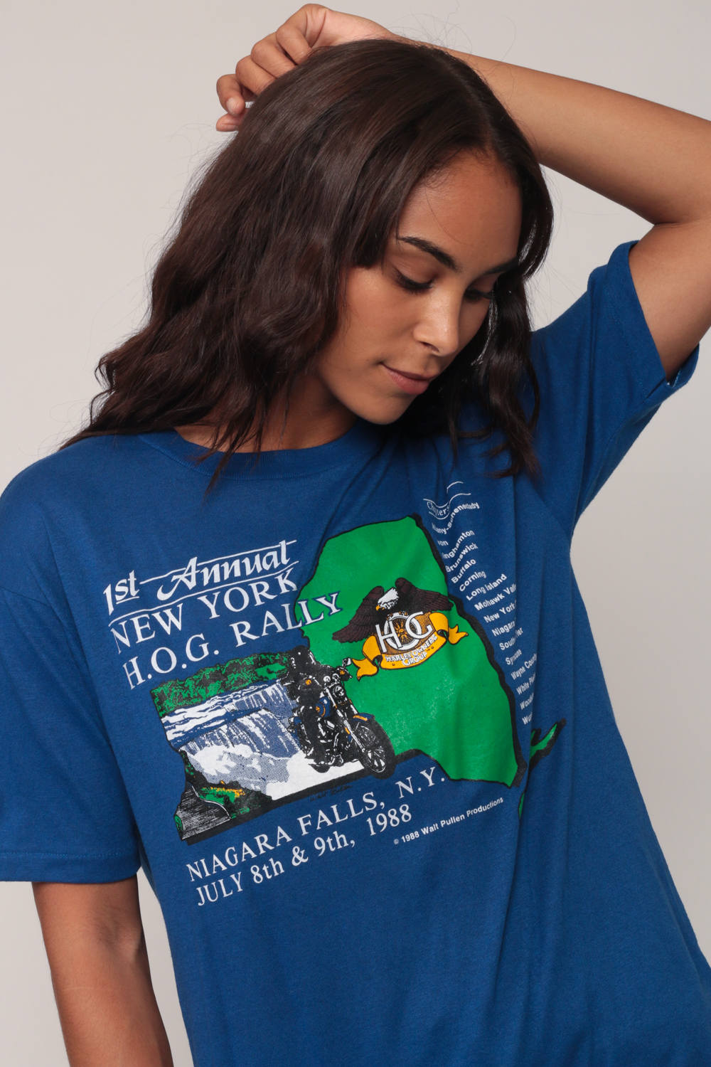 1988 New York Hog Rally Motorcycle Biker Graphic Tee Blue Medium Large