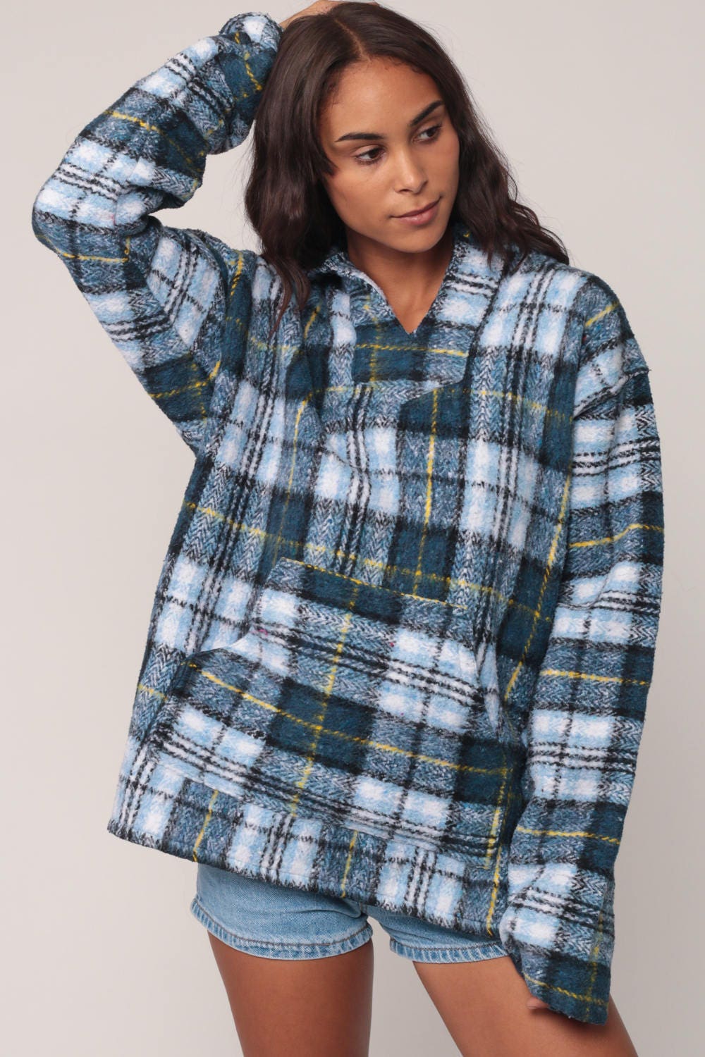 90s Blue Plaid Hooded Sweatshirt Jacket Kangaroo Pocket Small