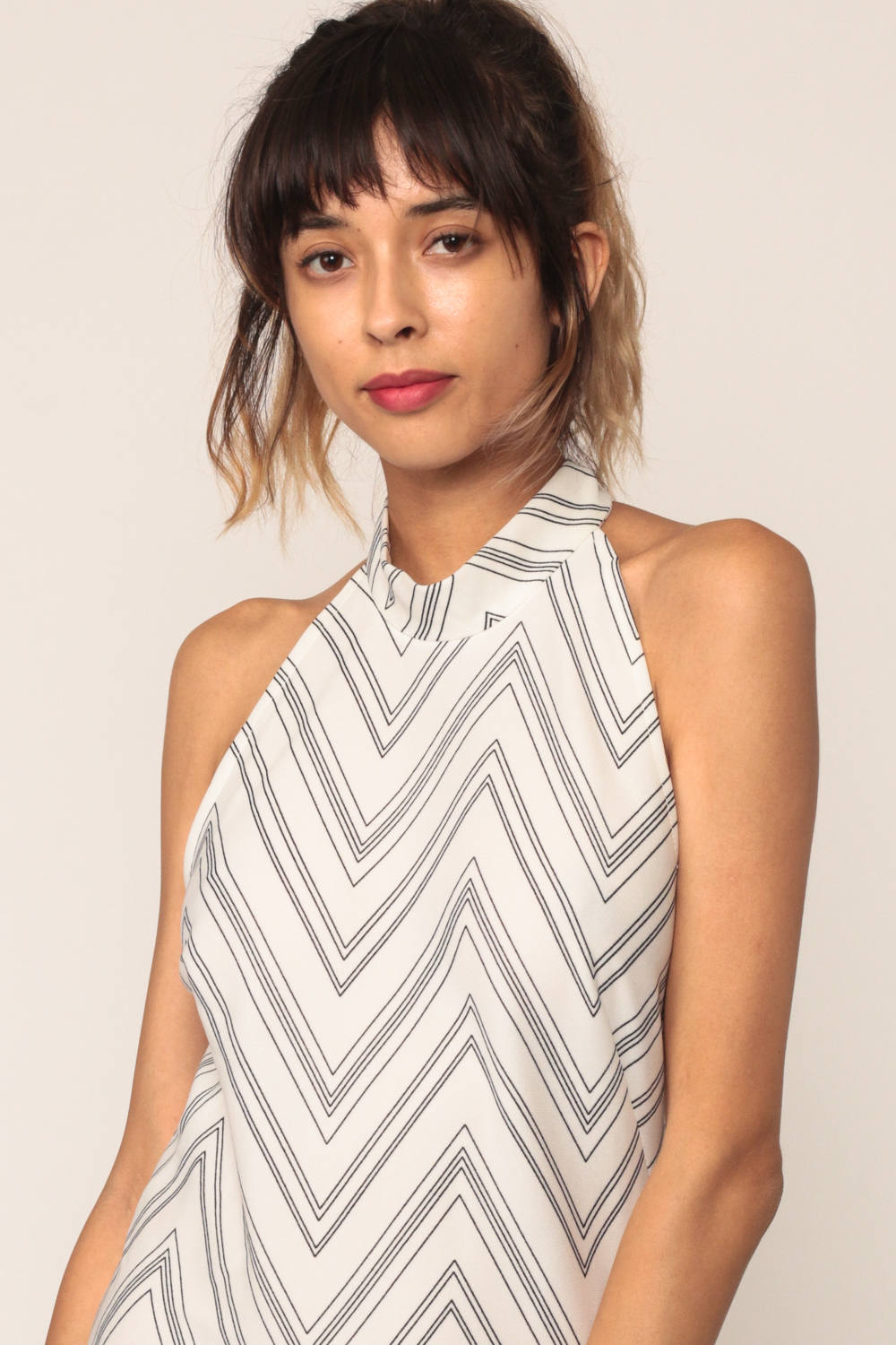 70s Halter Maxi Dress White Black Zig Zag Stripe Open Back Small Medium