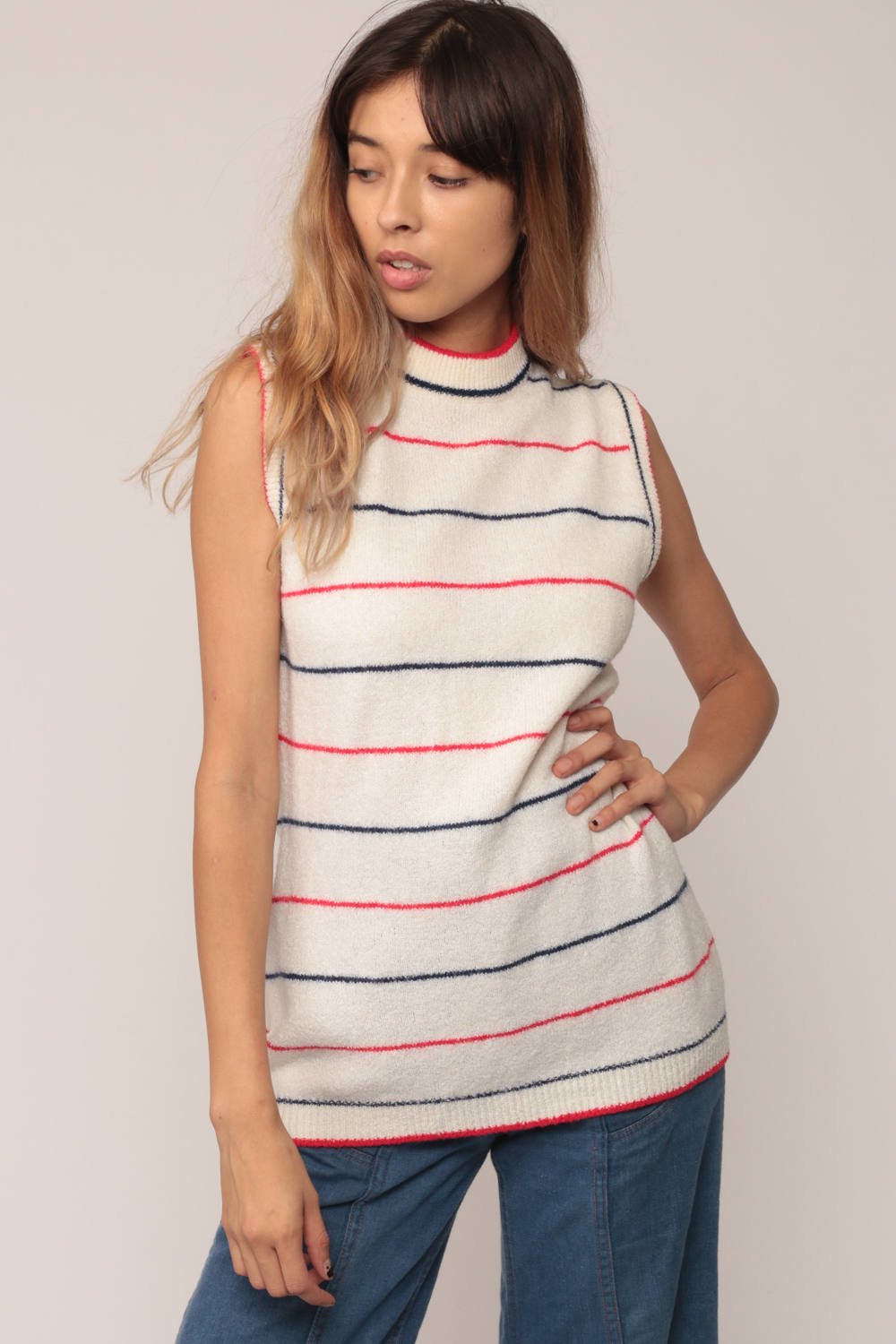 70s Striped Knit Tank Top Sleeveless Sweater Red White Blue Small Medium