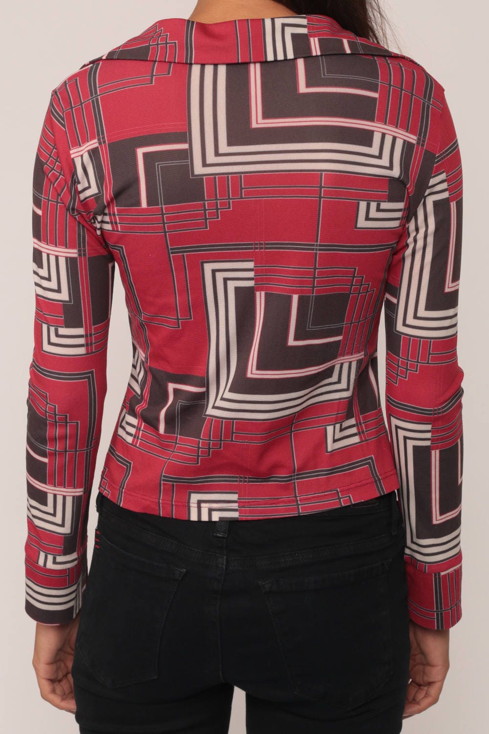90s Geometric Print Button-Up Blouse Red Long Sleeve Small Medium