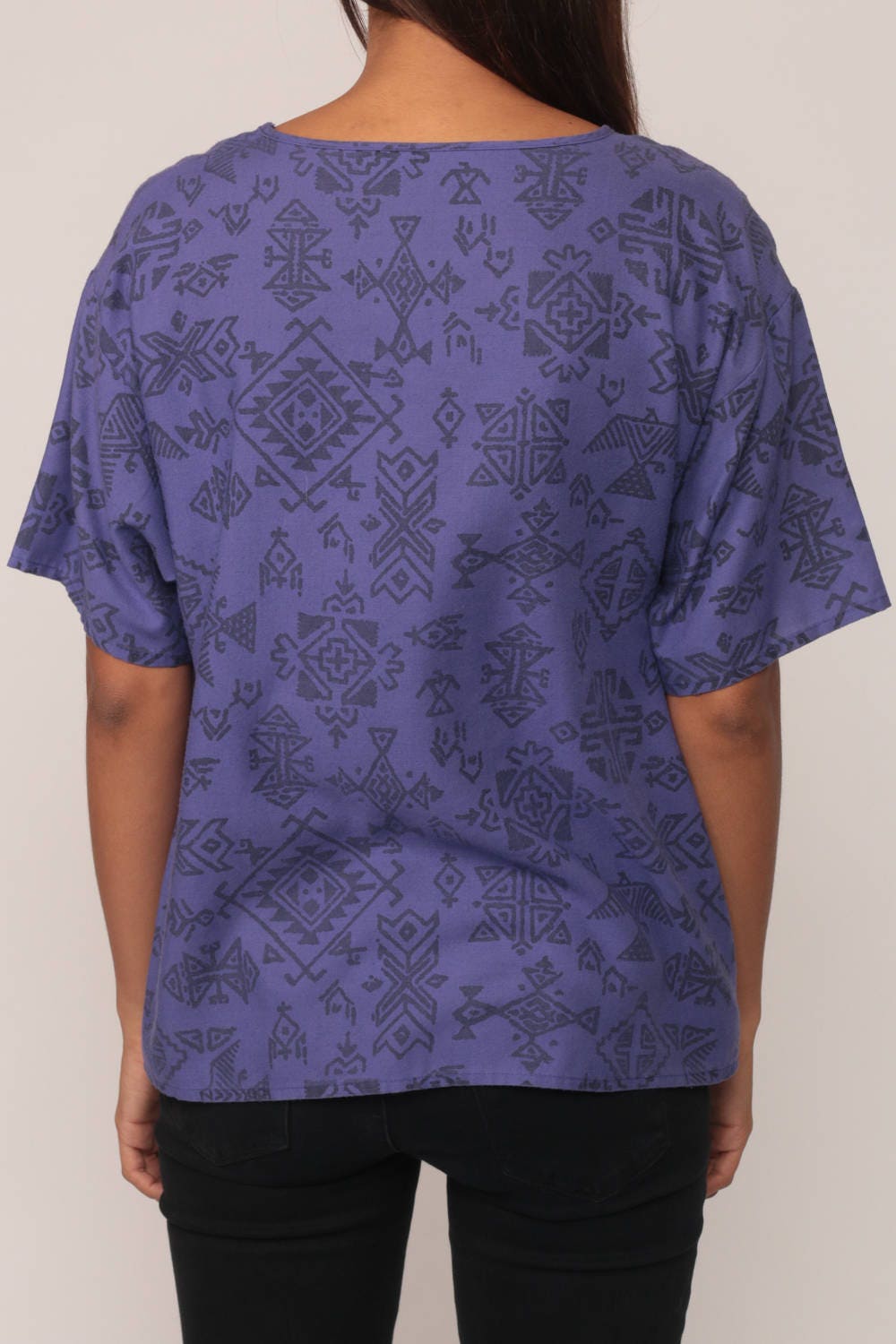 80s Aztec Tribal Print T-Shirt Purple Pocket Tee Medium Large