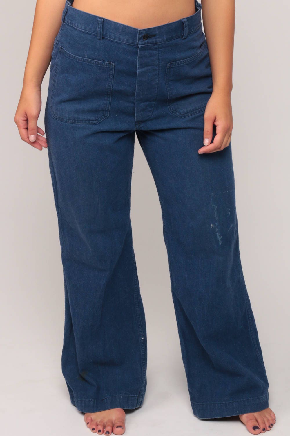 70s High Waisted Bell Bottom Jeans Blue Denim Wide Leg Button Fly Medium