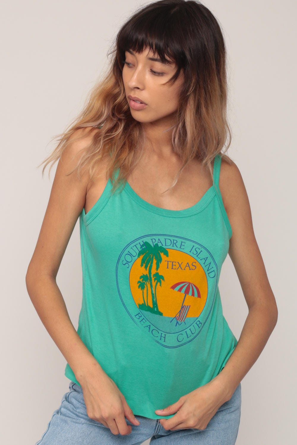 80s South Padre Island Palm Tree Tank Top Green Spaghetti Strap Camisole Medium