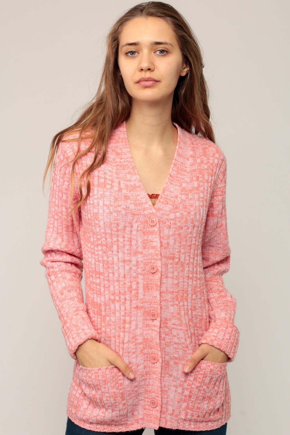 70s Space Dye Cardigan Sweater Orange Pink Ribbed Knit Button Up Medium