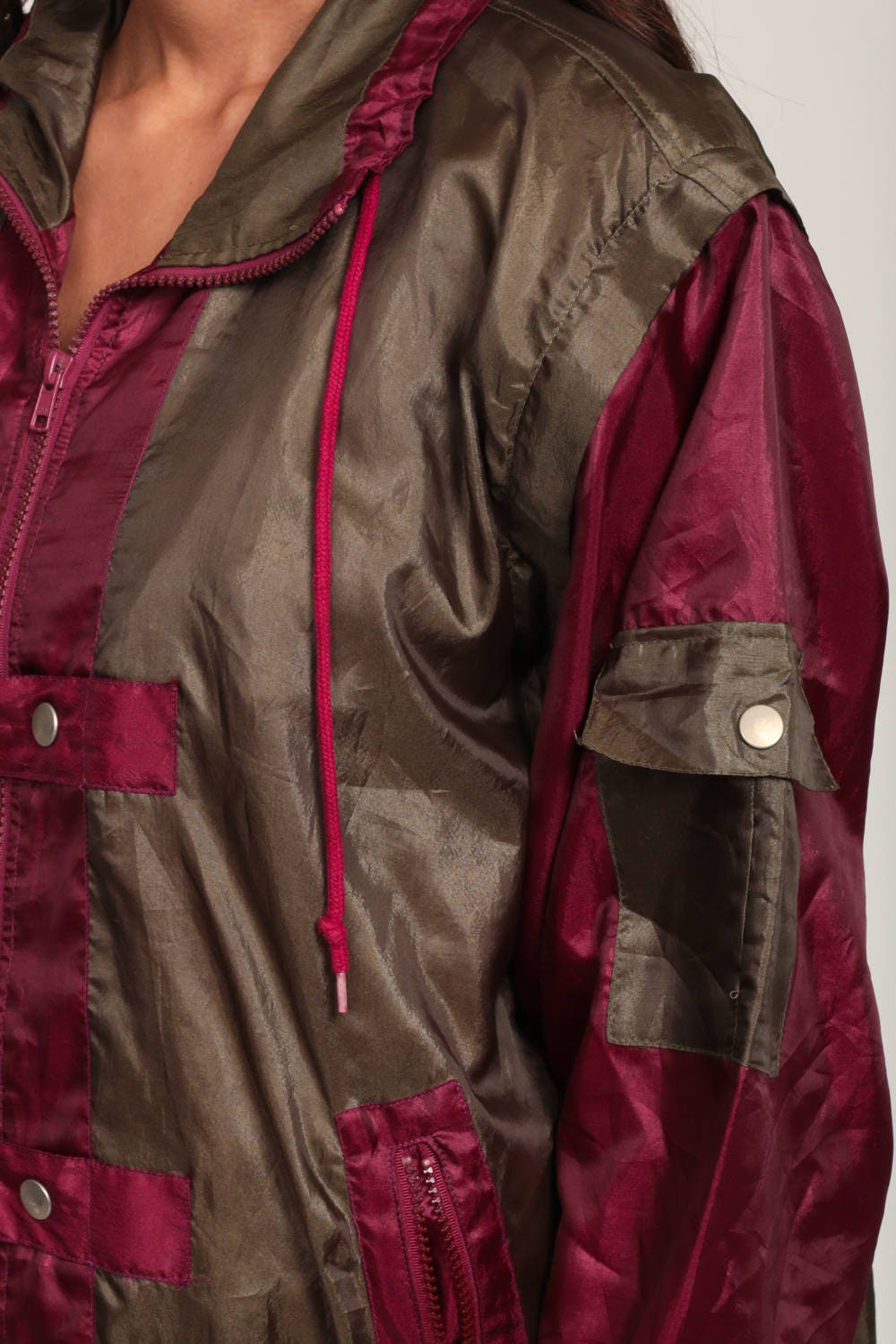 90s Color Block Windbreaker Jacket Removable Sleeves Red Brown Large