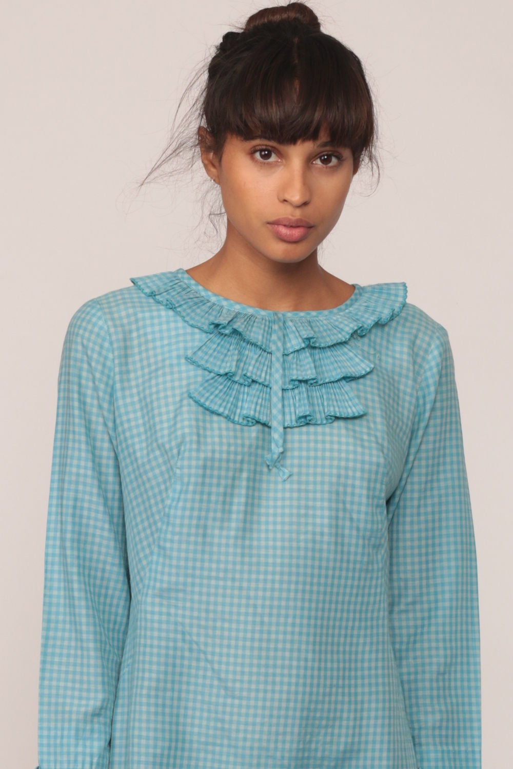 60s Blue Gingham Mini Dress Mod Shift Long Sleeve Ruffle Extra Small XS