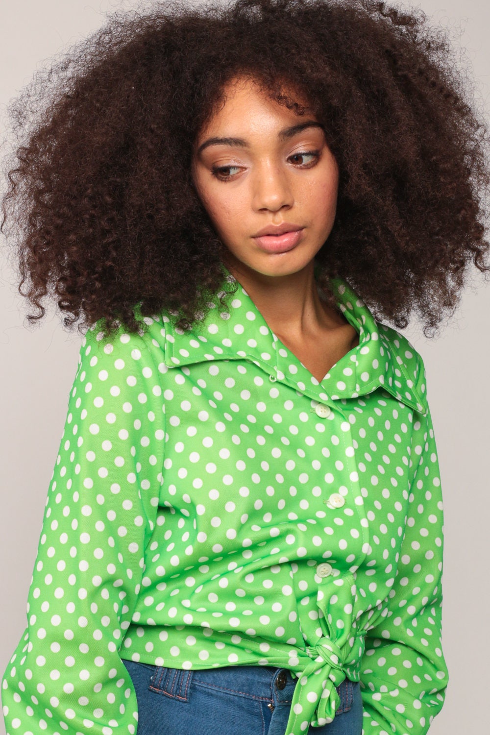 70s Lime Green Polka Dot Crop Top Long Sleeve Button Up Blouse Medium Large