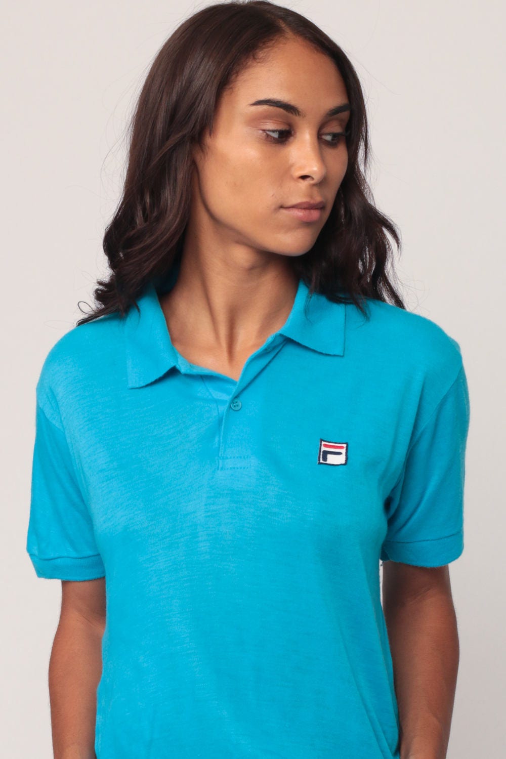 80s Fila Polo Shirt Turquoise Short Sleeve Cotton Blend Small