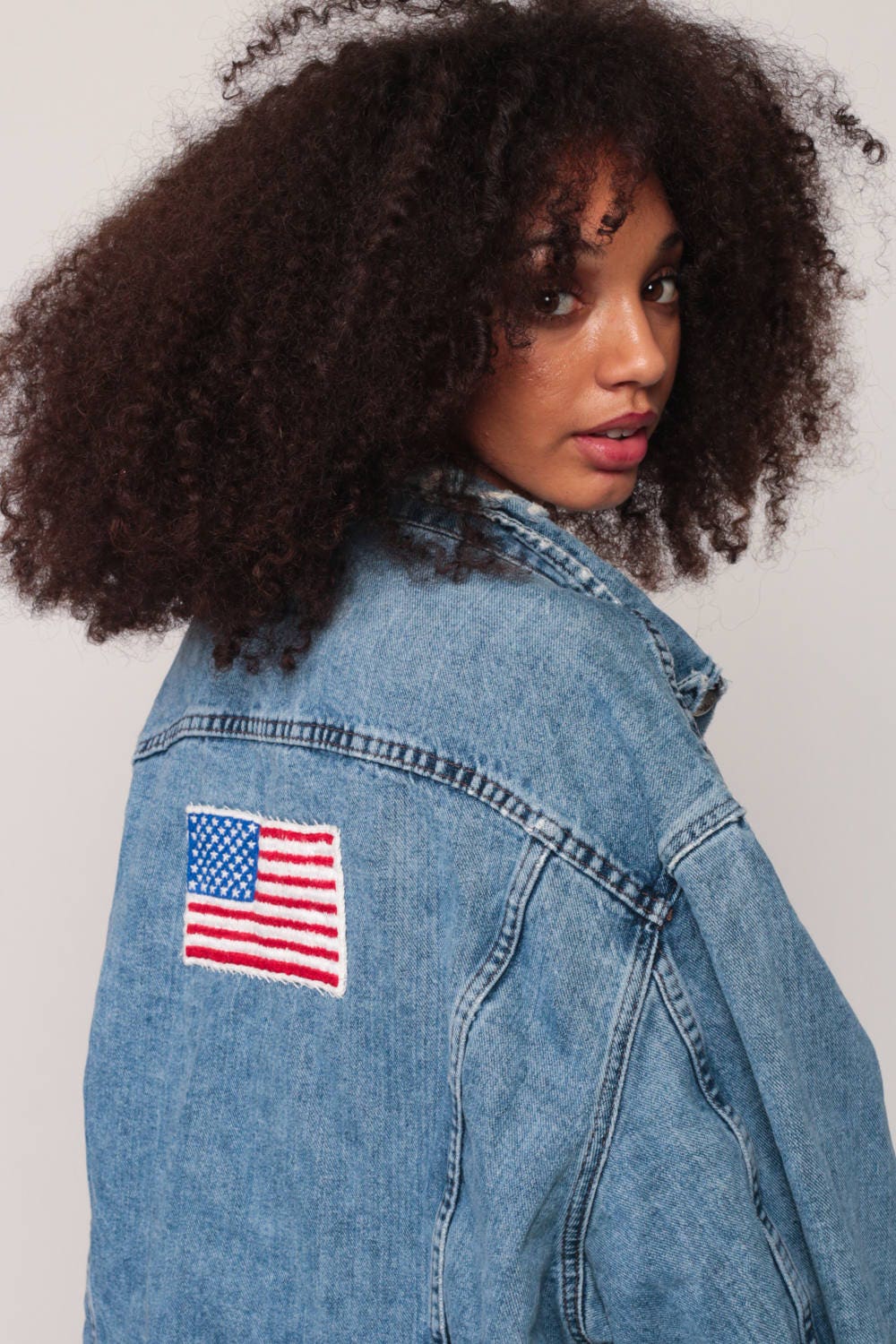 80s Lee Denim Jacket American Flag Eagle Patch Blue Unisex Extra Large