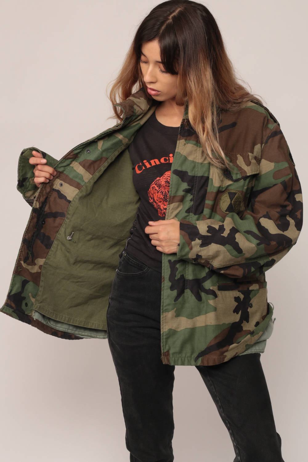 80s Camo Military Jacket Olive Green Brown Cargo Zip Unisex Small