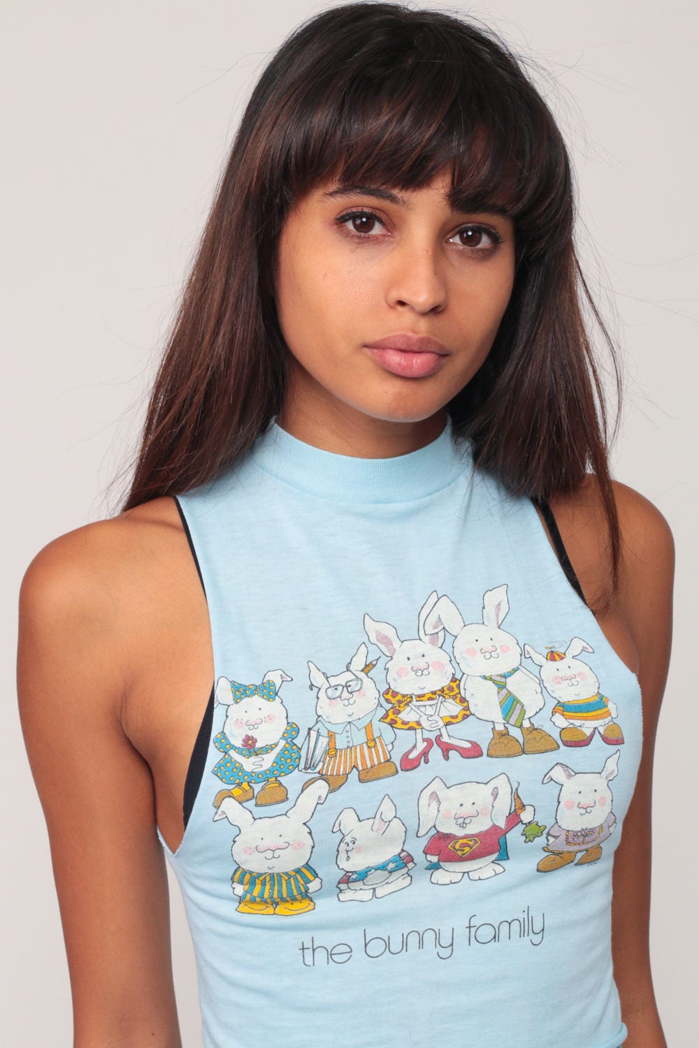 80s Bunny Family Crop Tank Top Baby Blue Graphic Tee Extra Small XXS