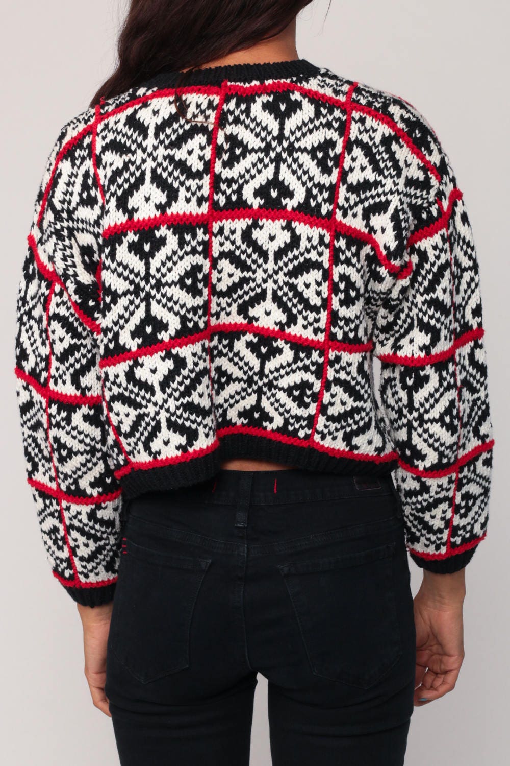 90s Norwegian Fair Isle Cardigan Black White Red Cotton Small