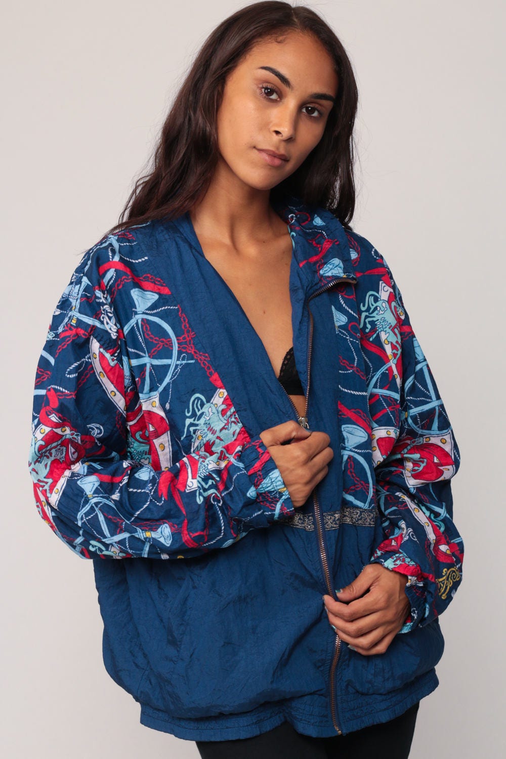 90s Carousel Horse Windbreaker Jacket Blue Nylon Track Coat Large