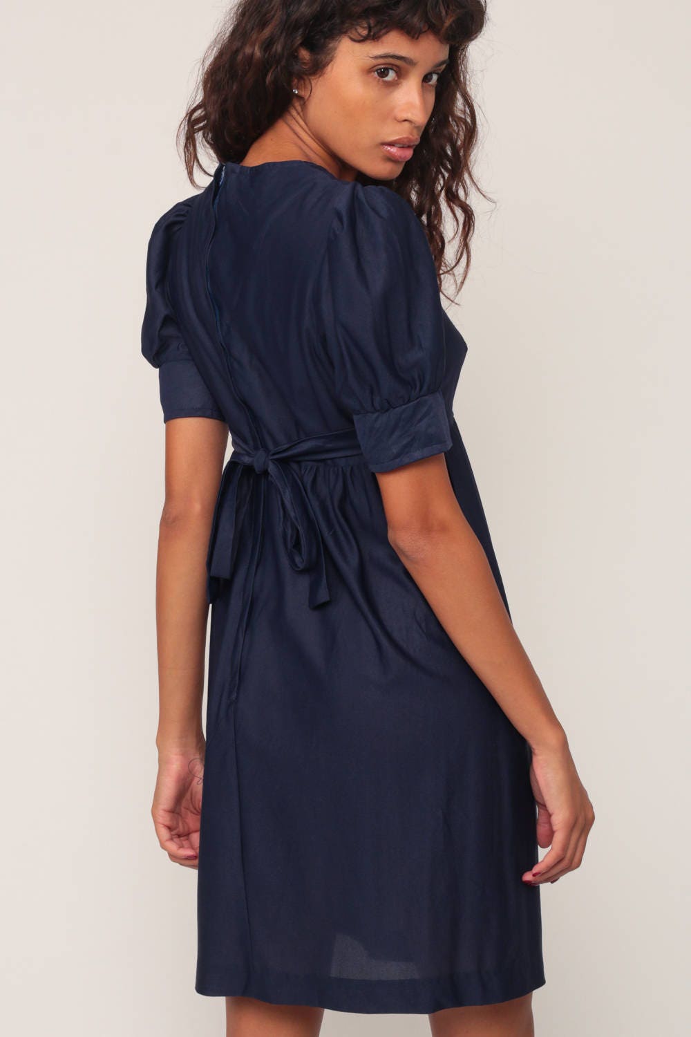 60s Navy Babydoll Dress Empire Waist Puff Sleeve Mini Mod Extra Small