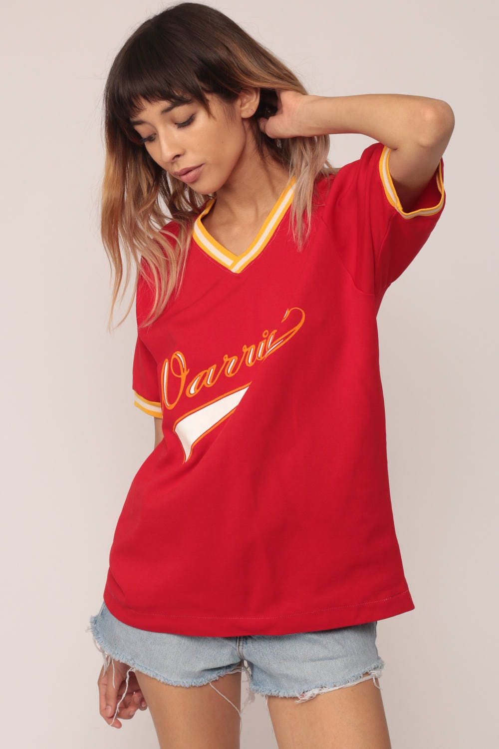 80s Warriors 11 Baseball Tee Ringer Shirt Red V-Neck Graphic Medium