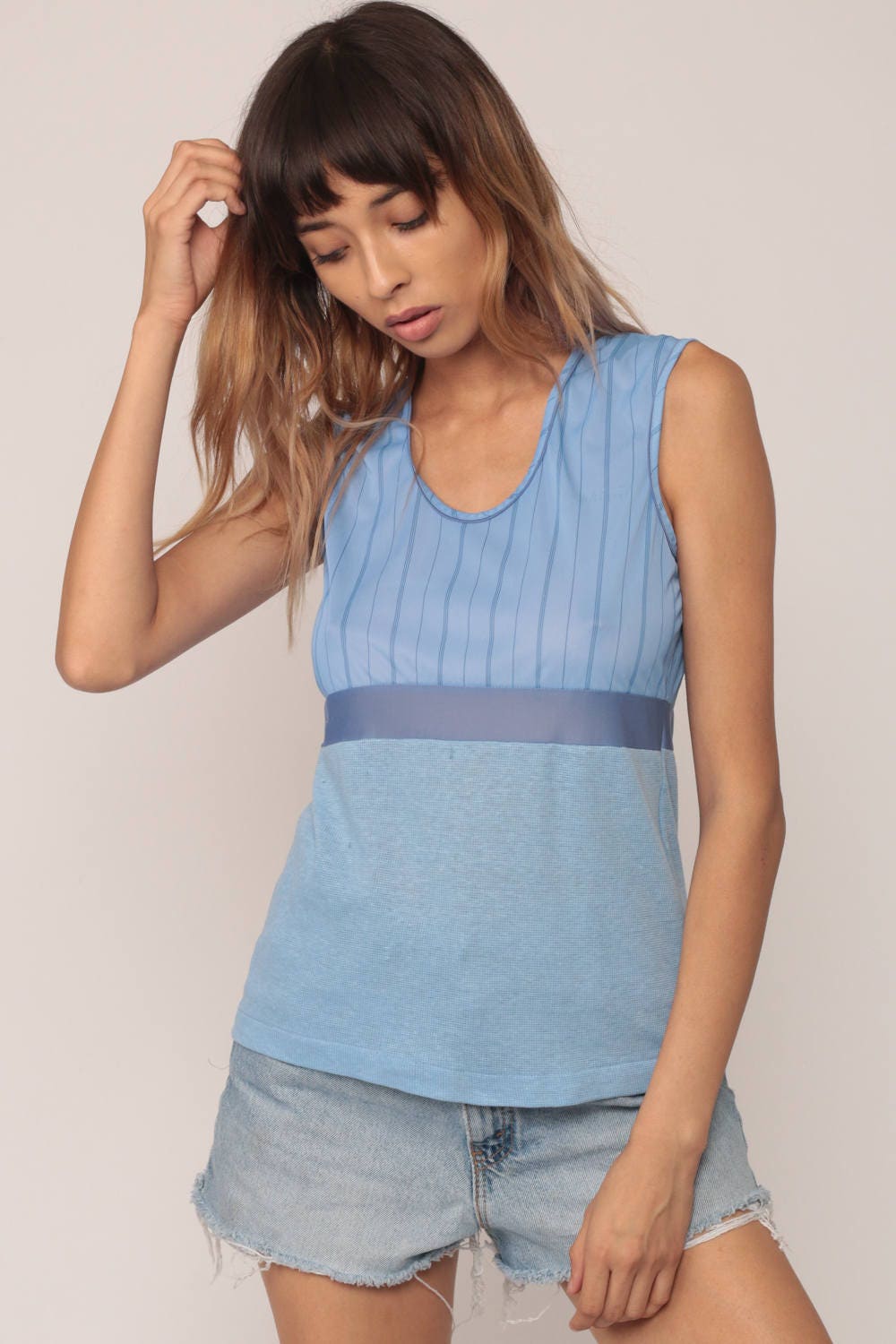 80s Blue Striped Tank Top Nylon Sleeveless Shirt Small