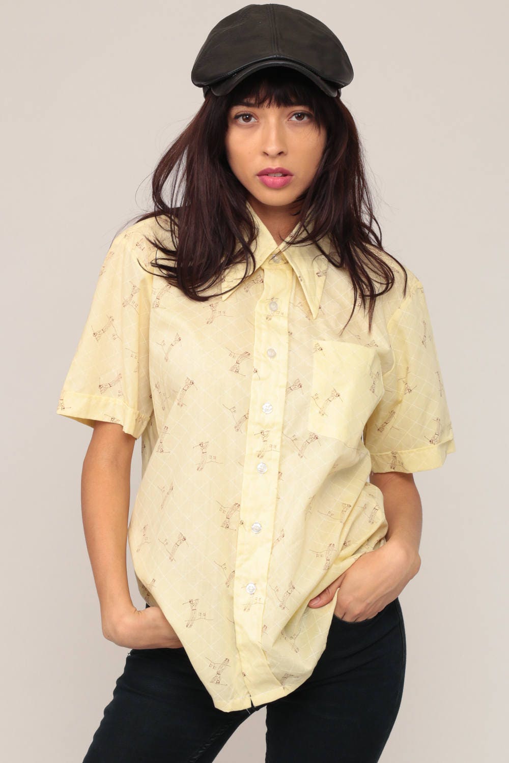 70s Golf Print Shirt Yellow Button Up Novelty Disco Collar Medium