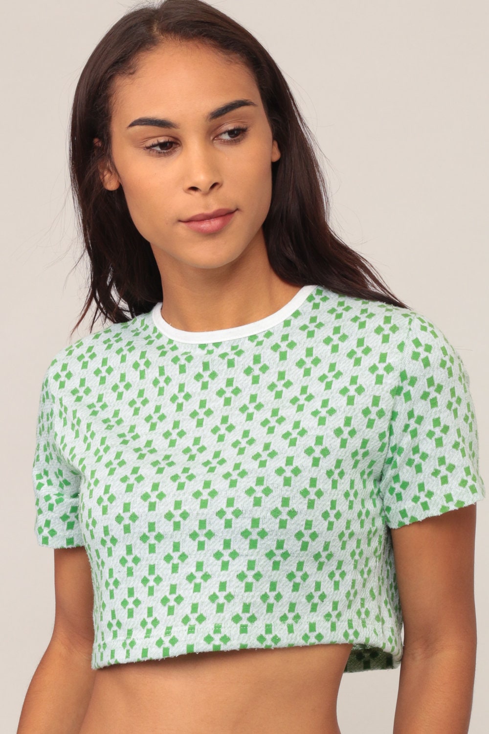 70s Geometric Crop Top Green T-Shirt Short Sleeve Small Medium