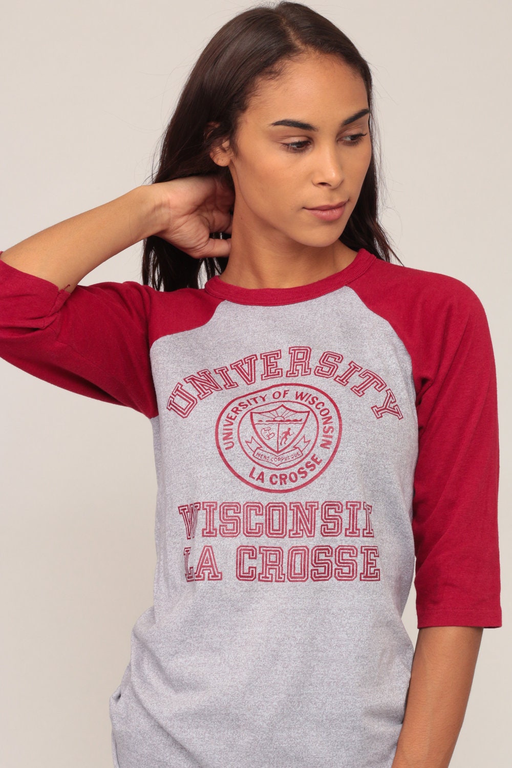 80s Wisconsin University Lacrosse Baseball Tee Ringer 3/4 Sleeve Grey Extra Small