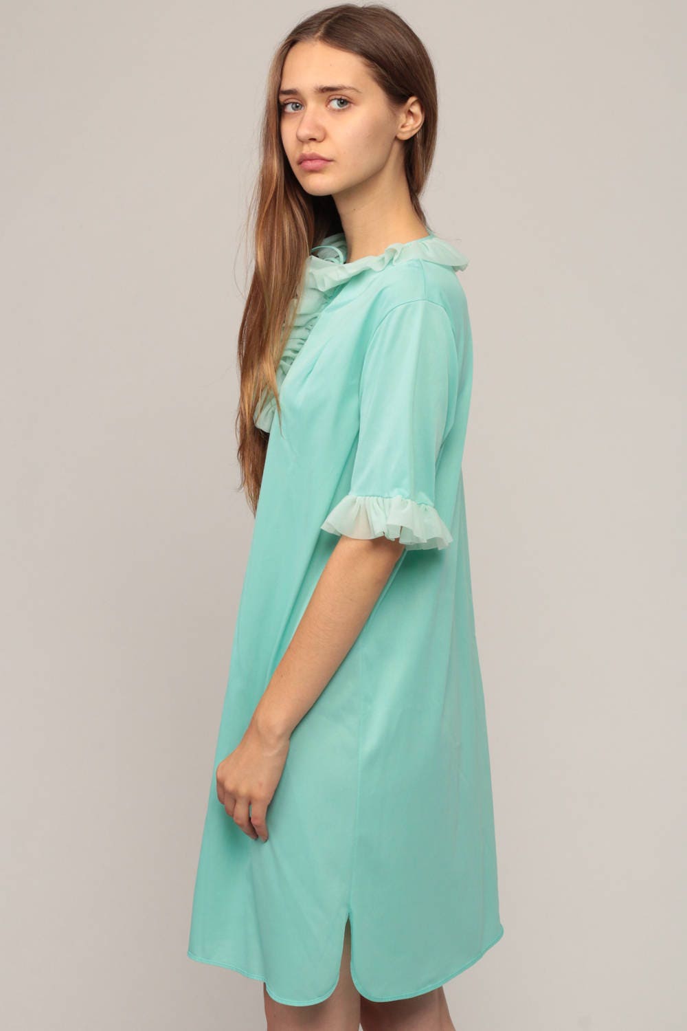 70s Seafoam Blue Babydoll Nightgown Mini Ruffle Trim Small Medium