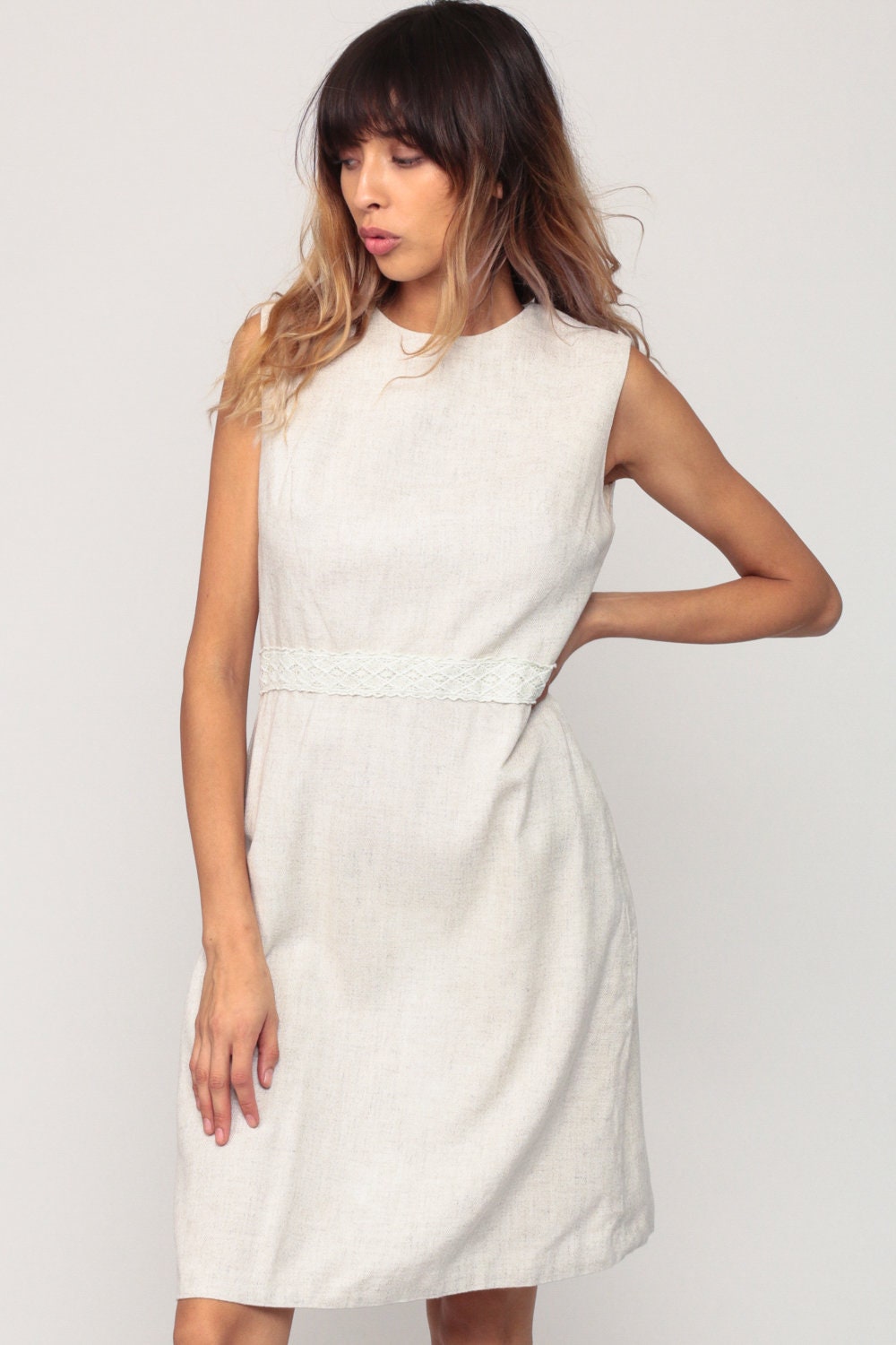 60s Mod Mini Shift Dress Linen Beige Sleeveless High Waist Medium