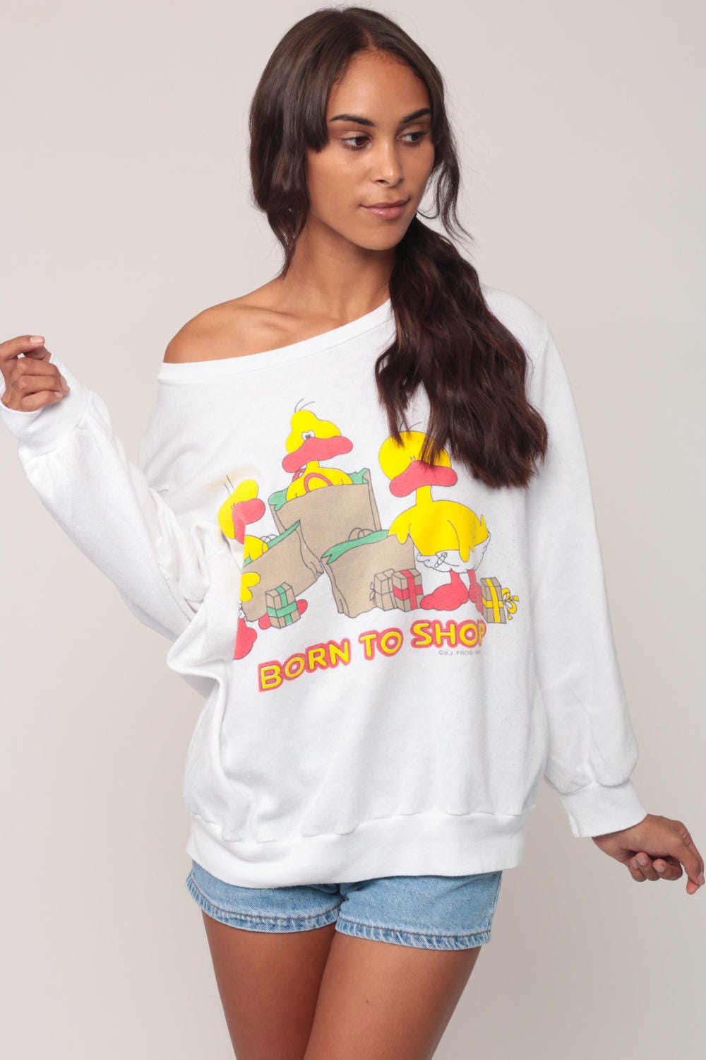 80s Born to Shop Duck Graphic Sweatshirt Cartoon Jumper Extra Large XL