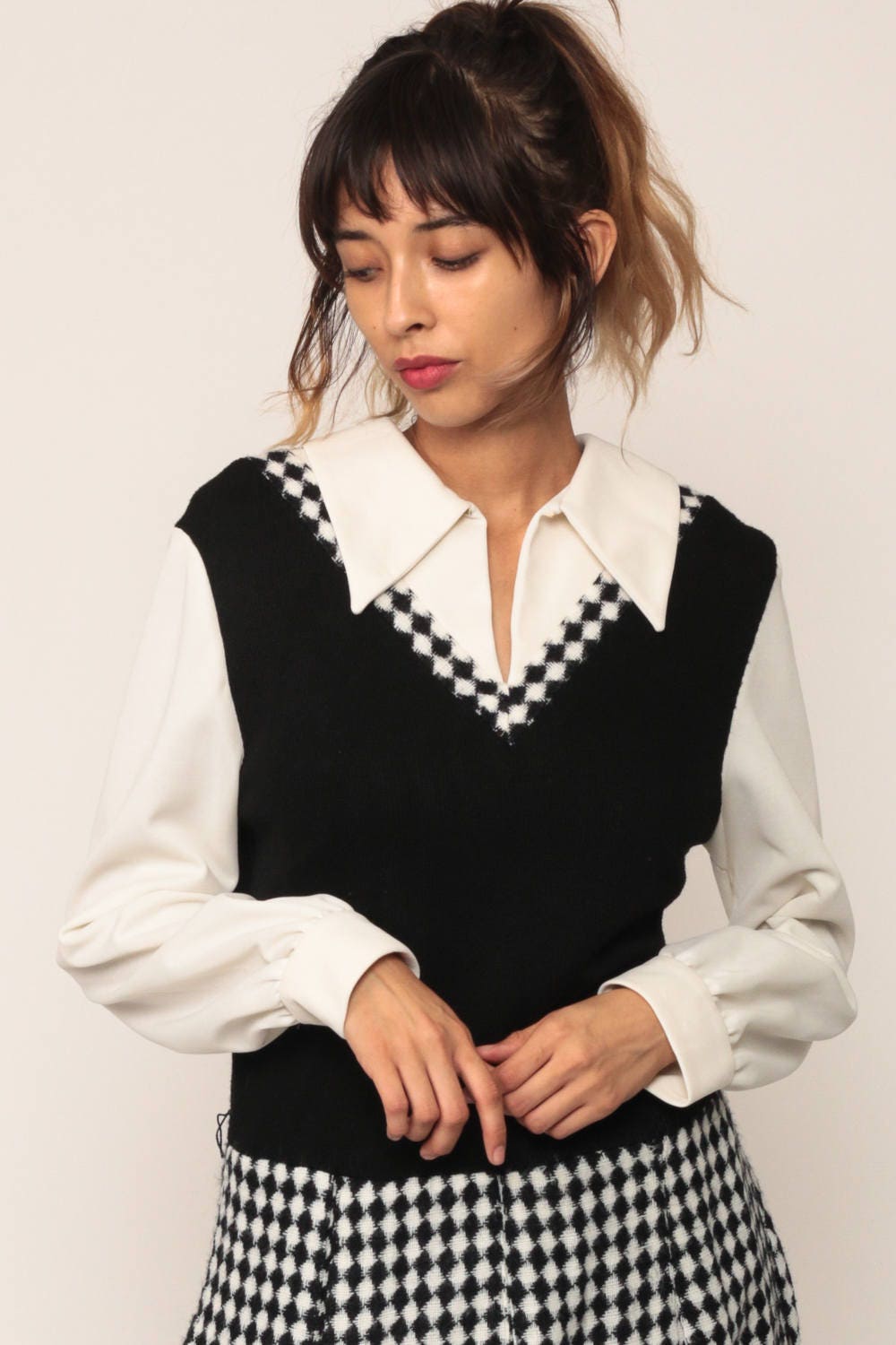 1970s Black White Checkered Midi Dress Drop Waist Pleated Long Sleeve Medium Large