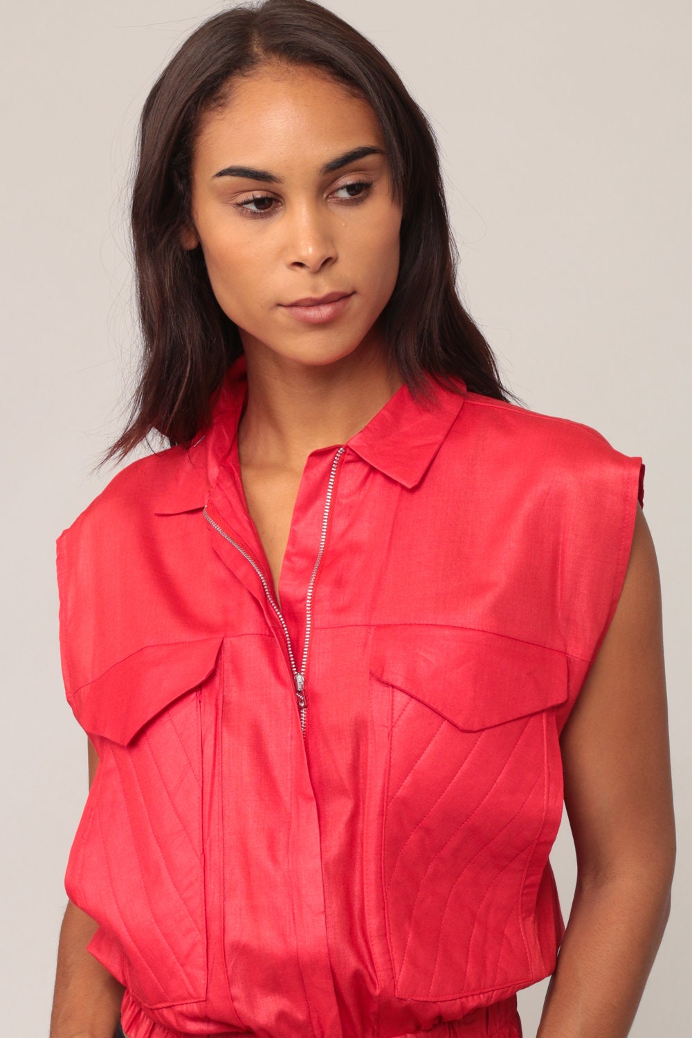 80s Red Zip Vest Cargo Pockets Sleeveless Medium