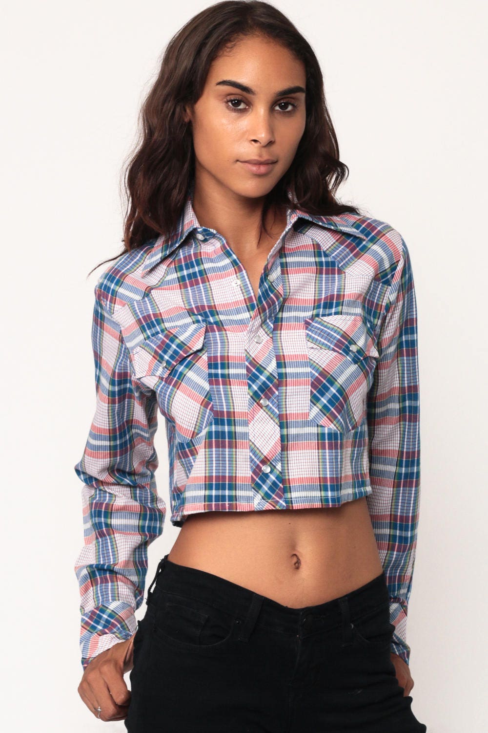 70s Blue Plaid Pearl Snap Western Crop Blouse Long Sleeve Small